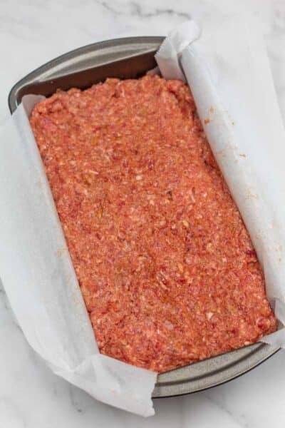 Process photo 3 meatloaf formed in loaf pan.