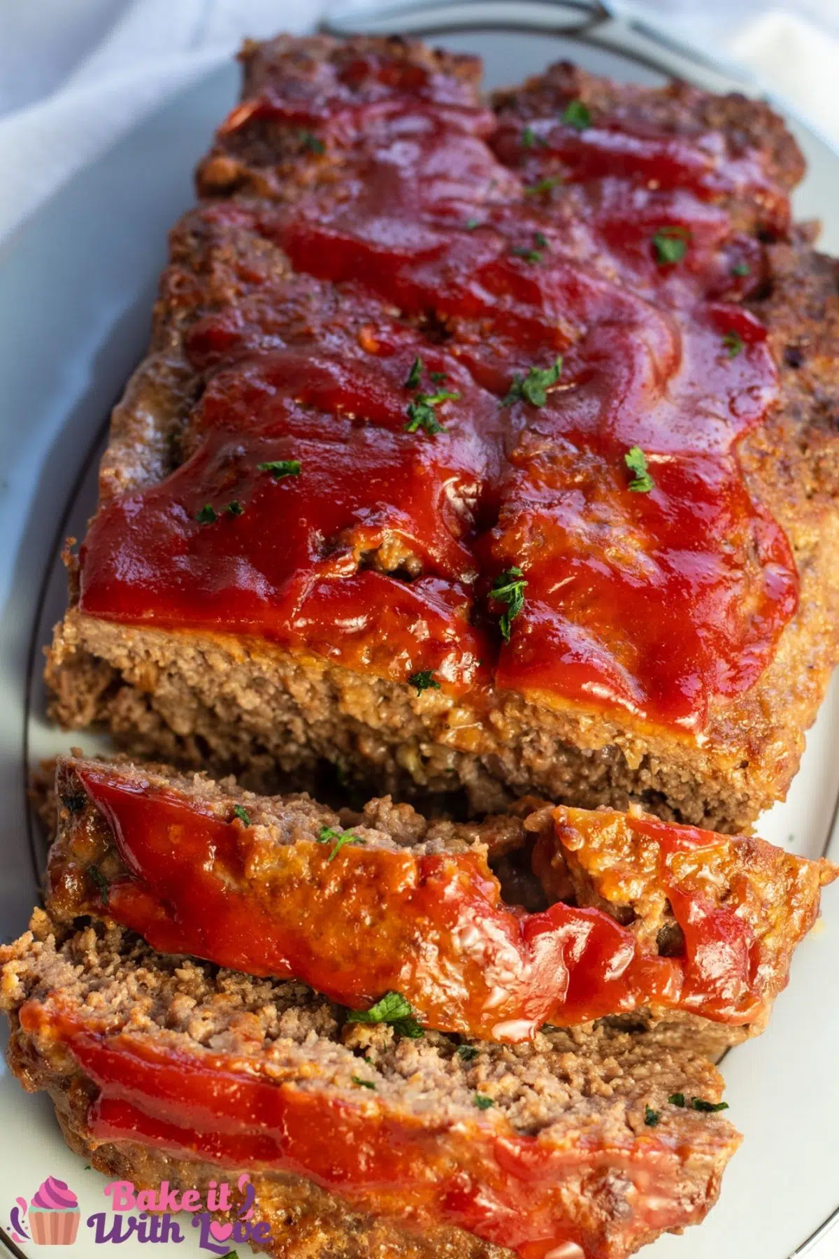Tall overhead image of the sliced Lipton onion soup meatloaf.