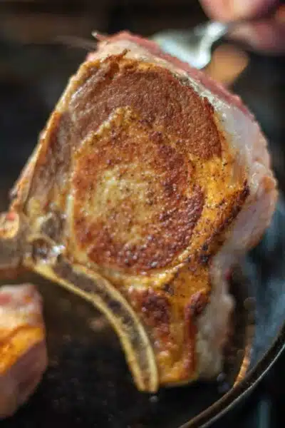 Close up image of a pork chop showing the seared caramelization.