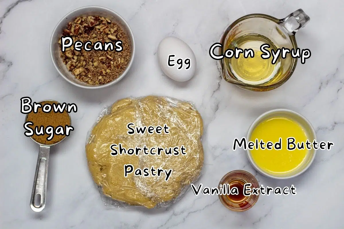 Pecan tartlets ingredients with labels.