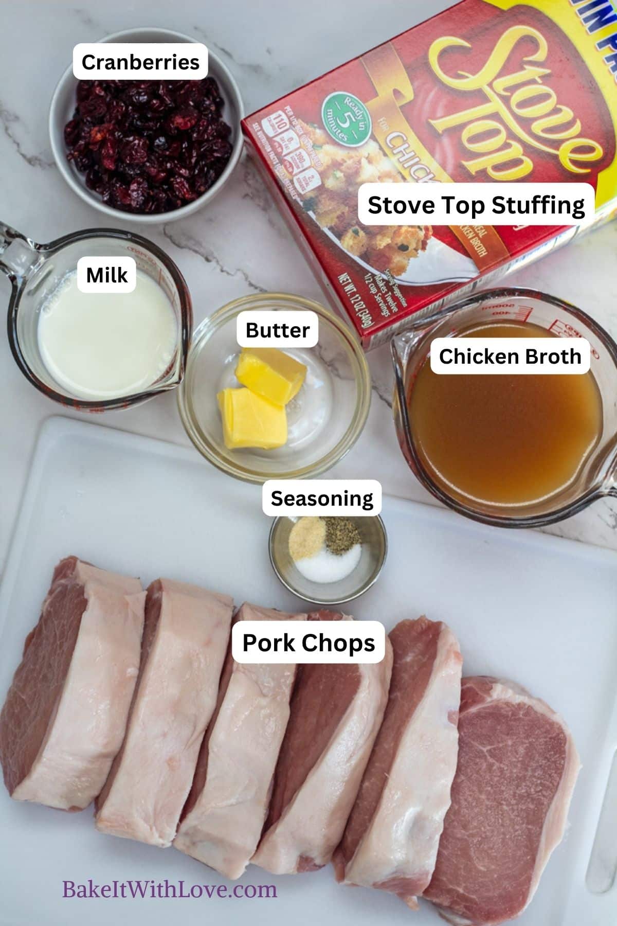 Tall image showing stuffing stuffed pork chops ingredients with labels.