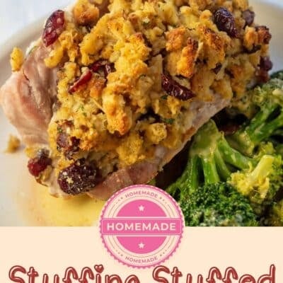 Stuffing stuffed pork chops pin with a square image showing a butterflied pork chop filled with baked stuffing and cranberries with text below it.