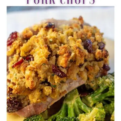 Stuffing stuffed pork chops pin with text header.