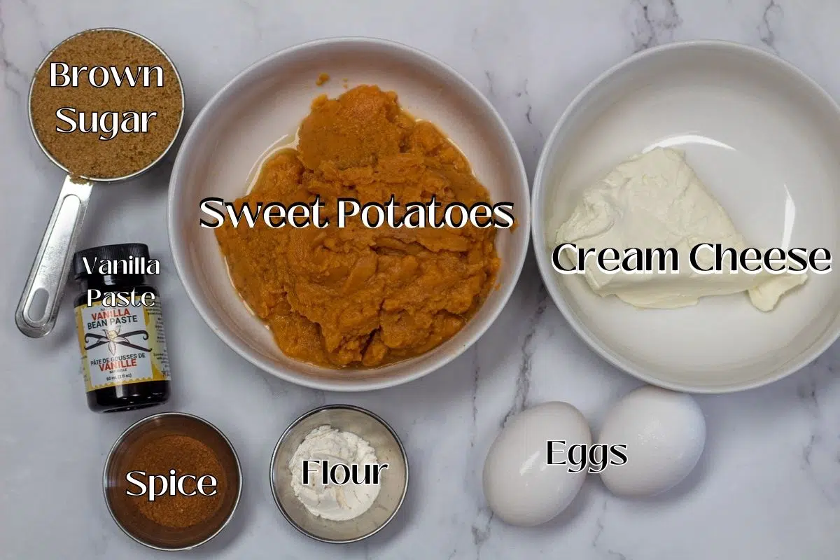 Sweet potato tart ingredients with labels.