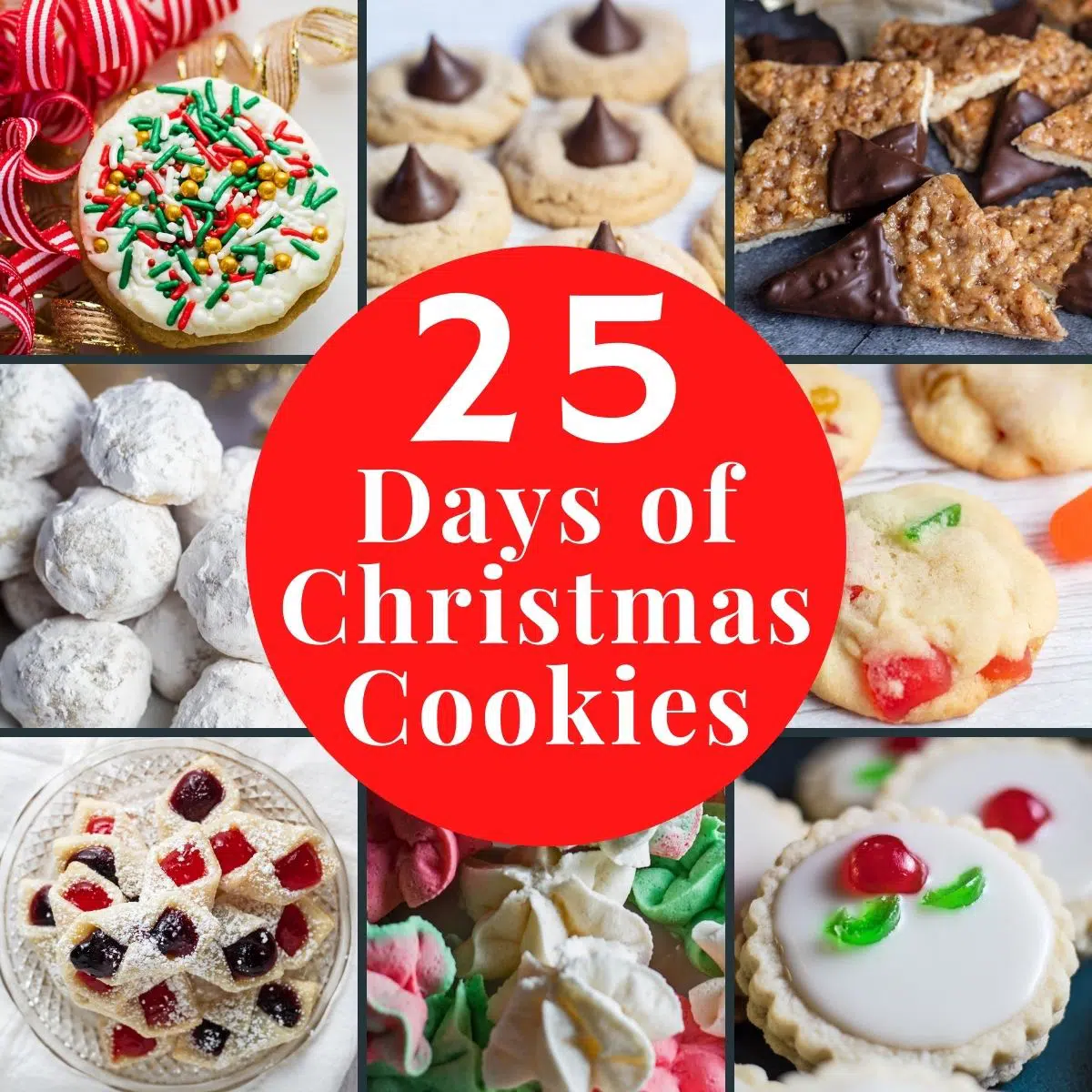 25 Days of Christmas Cookies collagebillede med 8 fliser og tekstoverlejring.