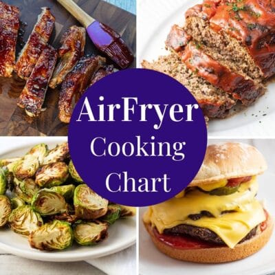 Air fryer cooking chart pin with collage photo and text overlay.