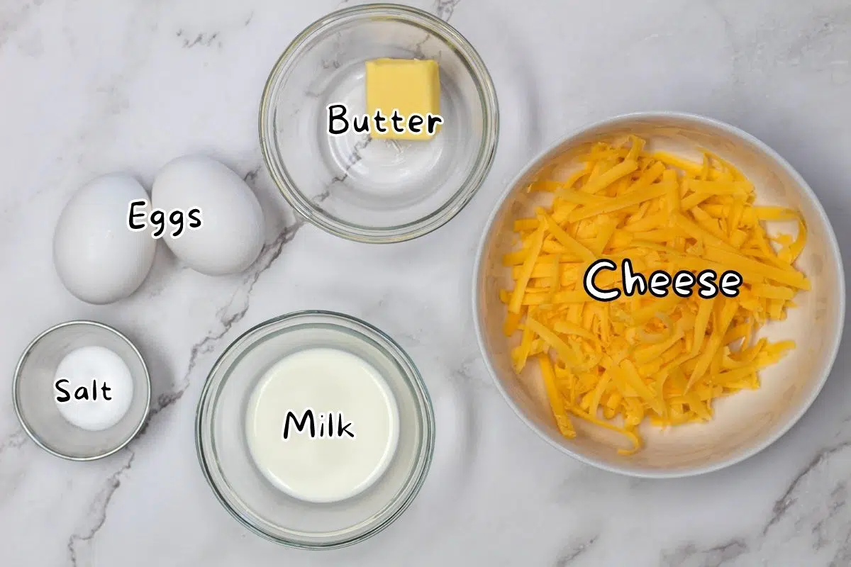 Cheese omelet ingredients with labels.
