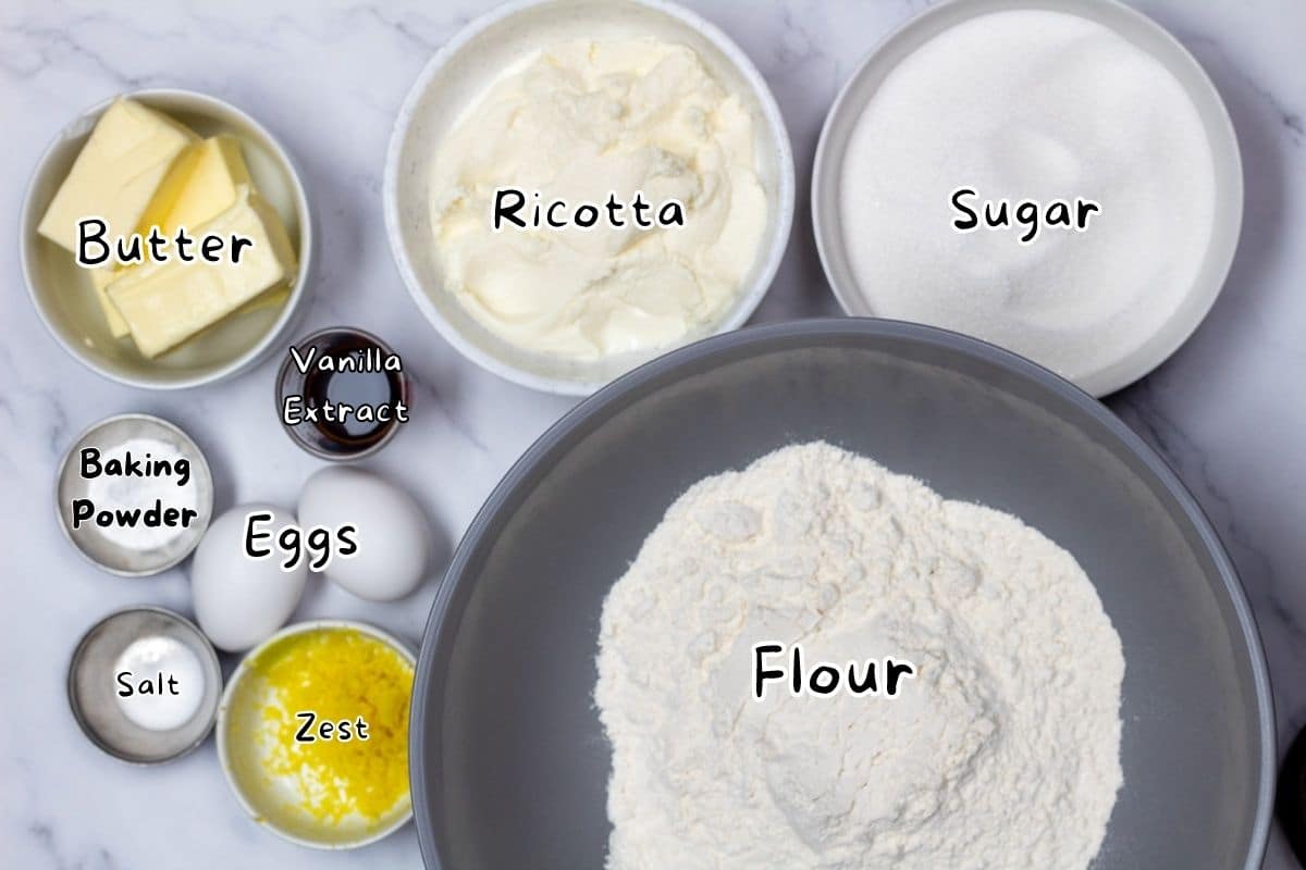 Italian ricotta cookies ingredients with labels.