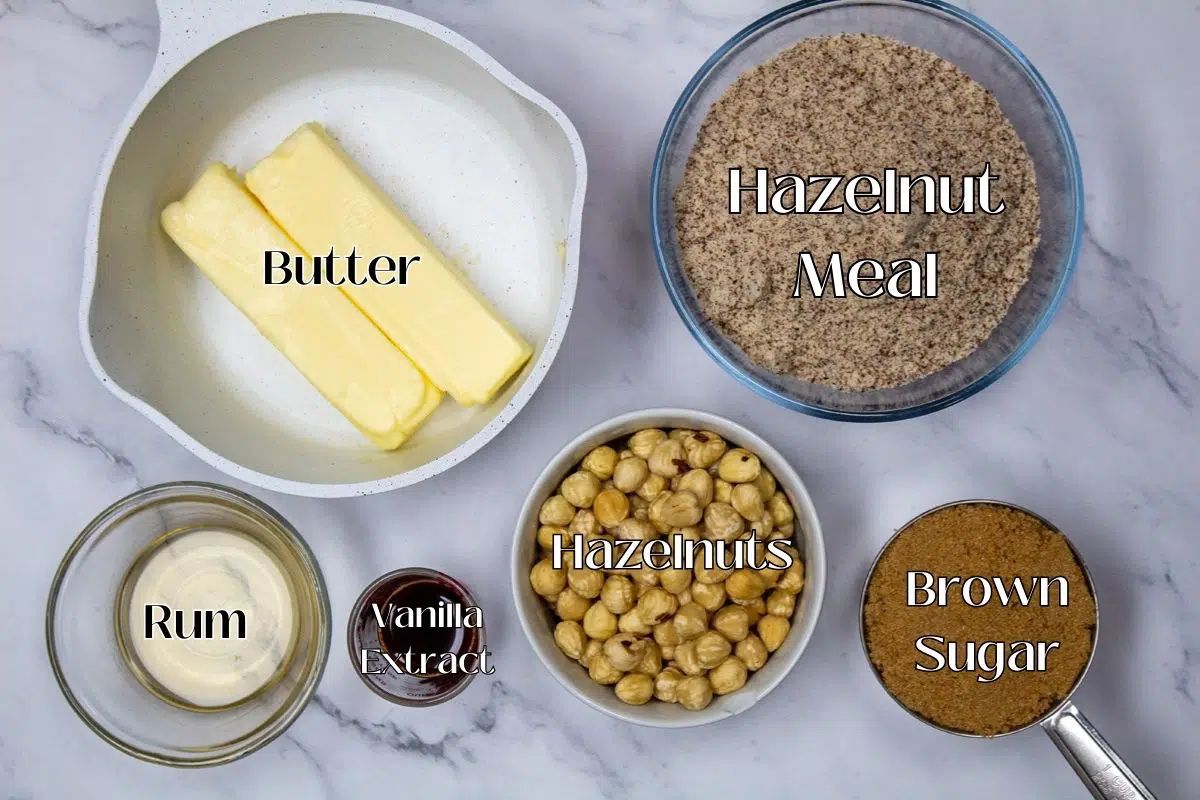 Nussecken hazelnut topping ingredients with labels.