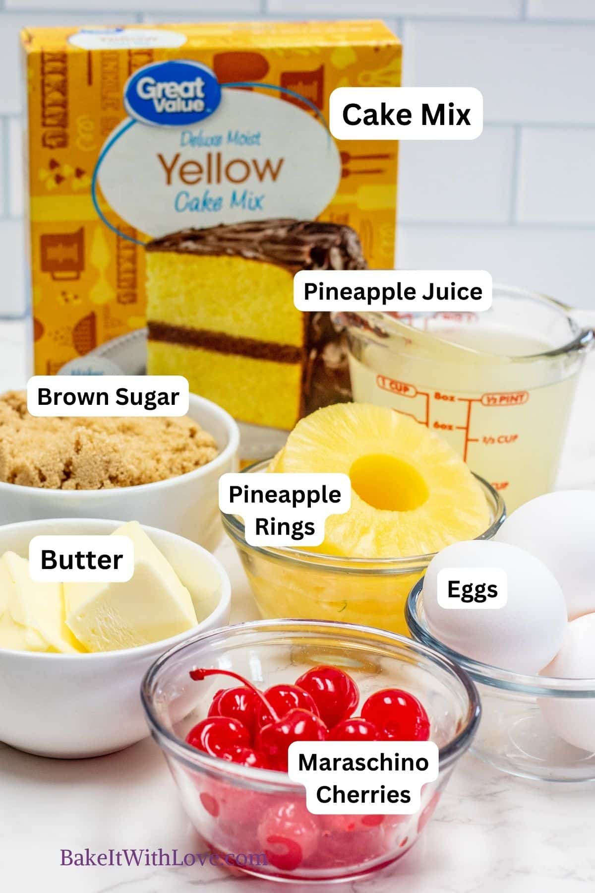 Pineapple upside down bundt cake ingredients with labels.