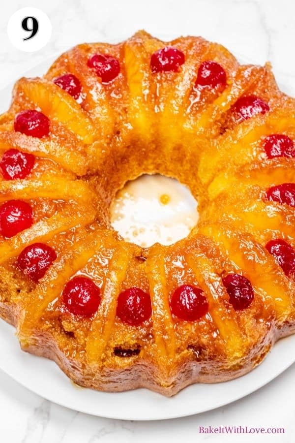 Pineapple upside down bundt cake process photo 9 invert the cake over a plate for 5 minutes then remove and serve.