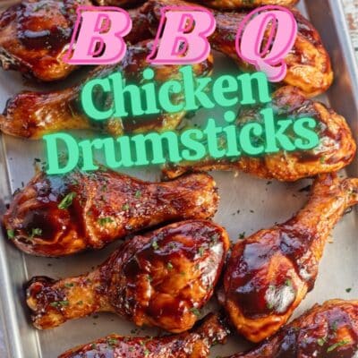 Baked bbq chicken drumsticks pin with text header.