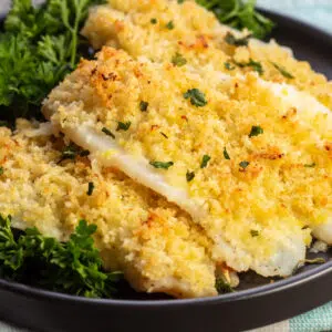 Closeup of the baked flounder with crispy topping.