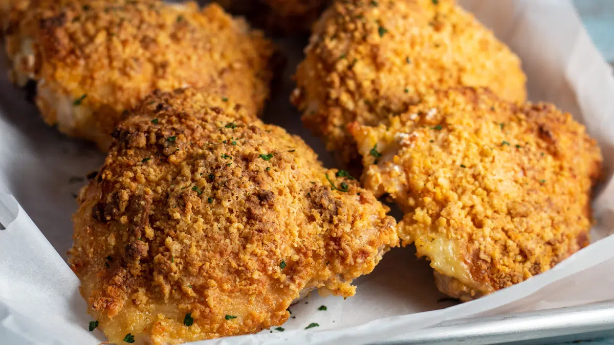 Wide closeup image of the Biscuick fried chicken on tray.