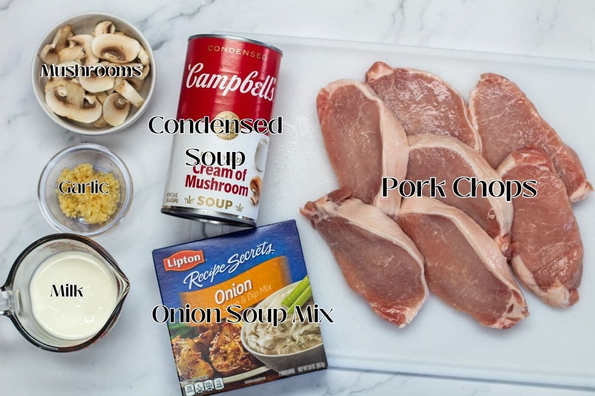 Crock pot pork chops ingredients with labels.