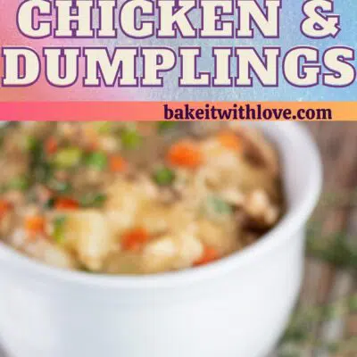 Pin image showing crockpot chicken and dumplings in a white bowl.