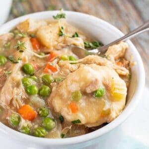 Chicken and dumplings in a white bowl.