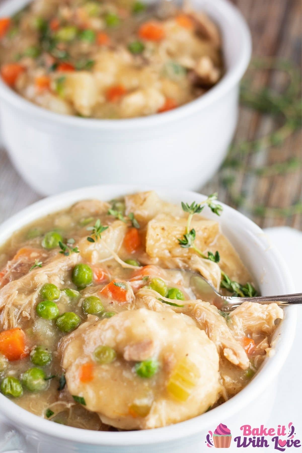 Tall image of chicken and dumplings in a white bowl.
