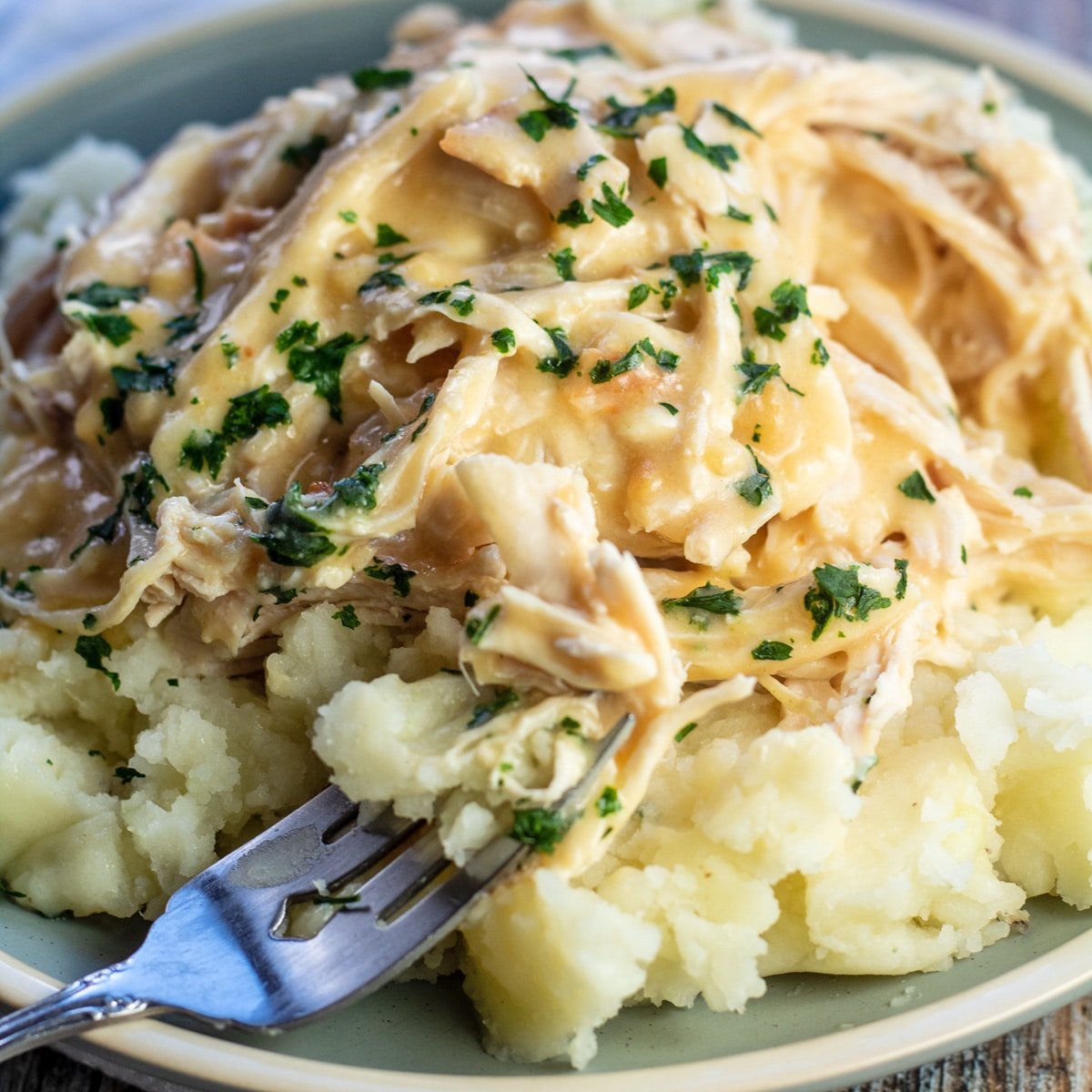 Crockpot chicken and gravy served over mashed potatoes with parsley garnish.
