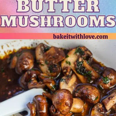 Garlic butter mushrooms pin with 2 images and text divider.