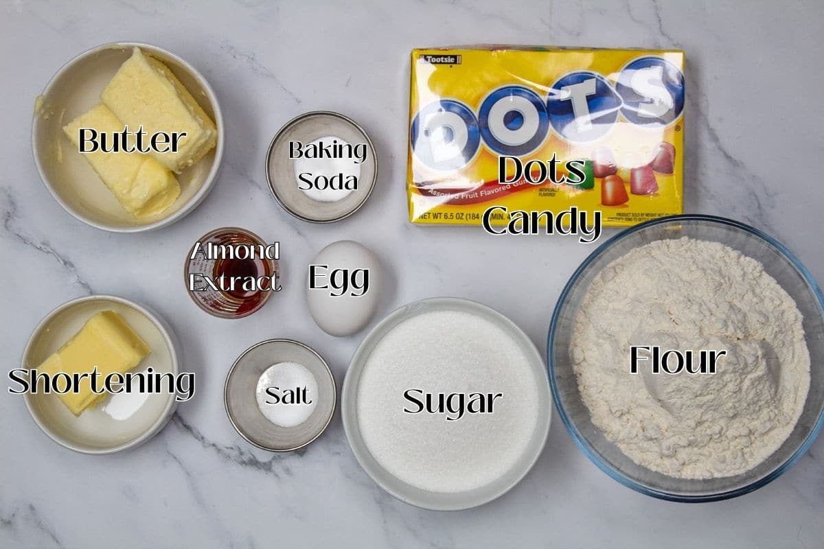 Gumdrop cookies ingredients with labels.