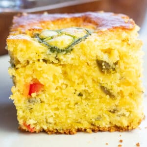 Closeup on the cut Jiffy jalapeno cornbread.