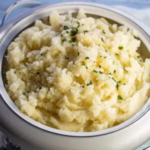 Closeup on the mashed potatoes with milk.