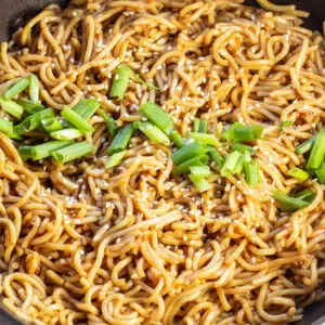 Closeup on the teriyaki noodles in skillet.