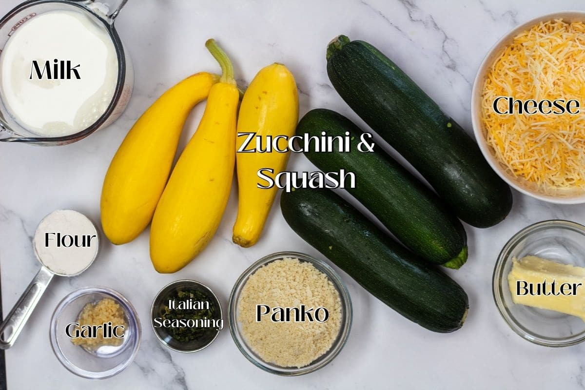 Zucchini squash casserole ingredients with labels.