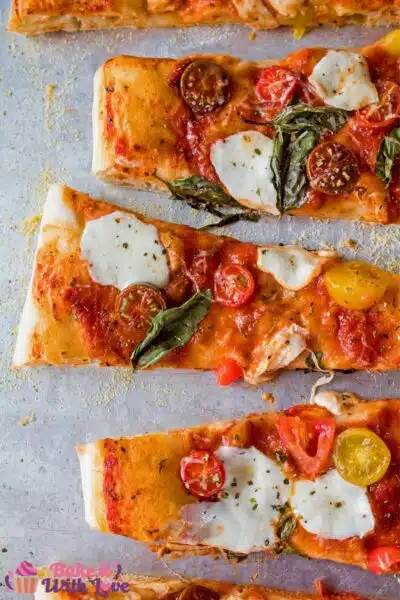 Tall image of margharita sheet pan pizza.