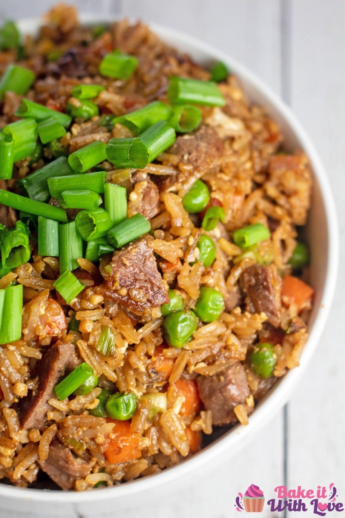 Tall image of prime rib fried rice in a white bowl with green onion on top.