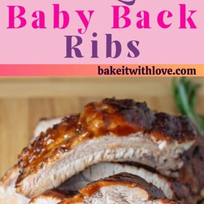 Pin image with text of bbq baby back ribs on a cutting board.