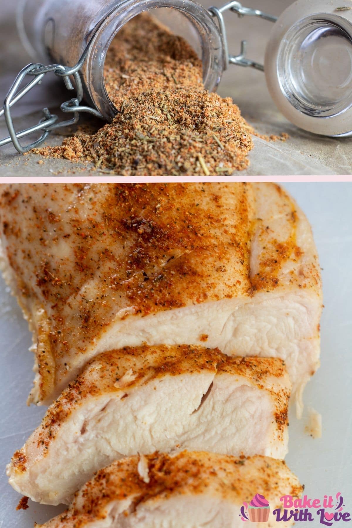 Tall photo of chicken seasoning over a cooked chicken breast.