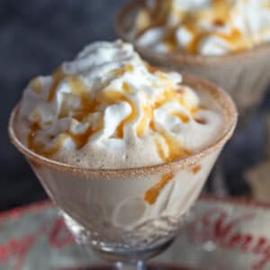 Closeup on the gingerbread eggnog cocktail with whipped cream.