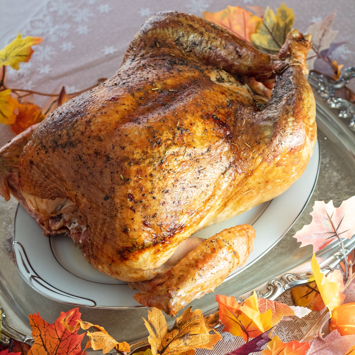 Side view of the herbes de provence roasted turkey on platter with fall foliage decor.