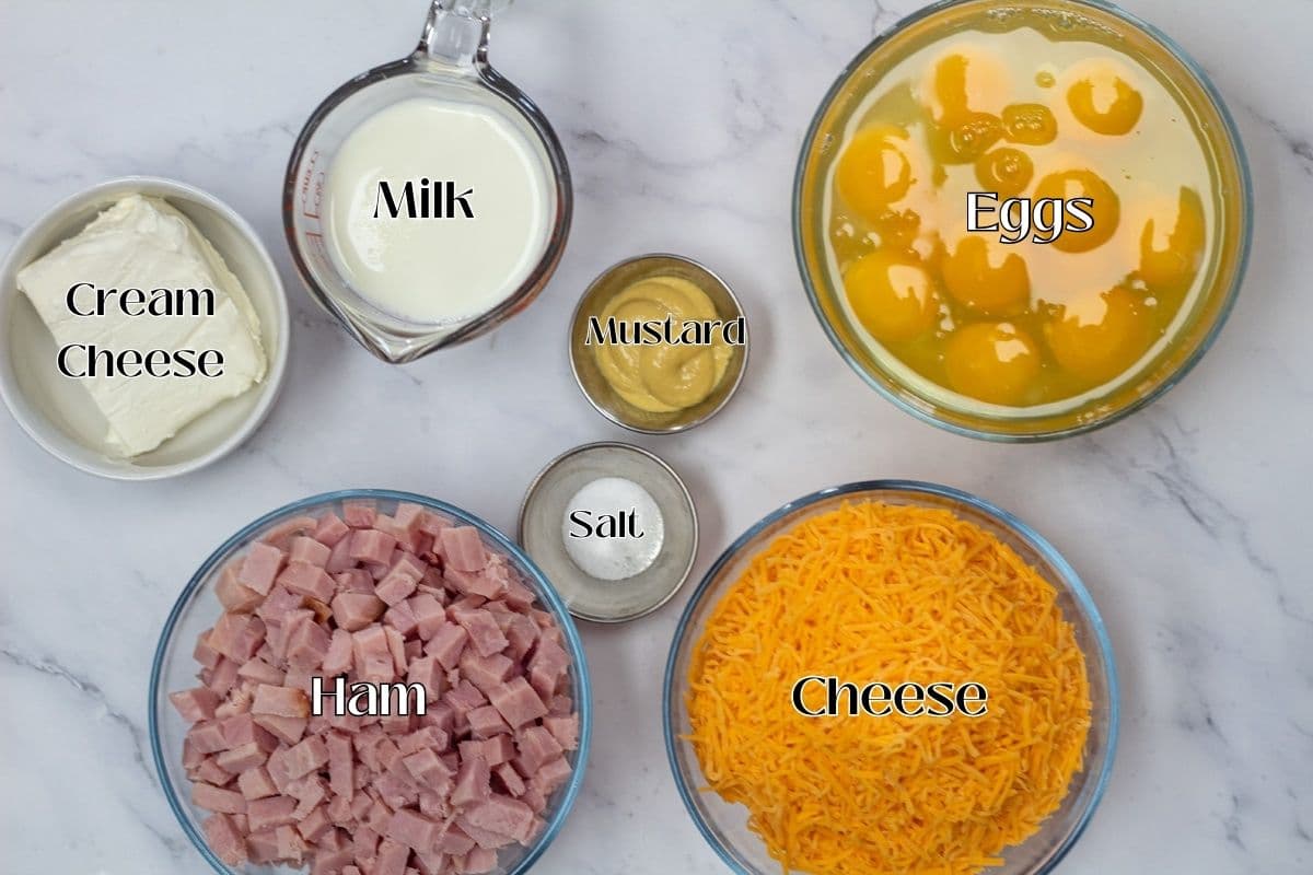 Ham and cheese omelet roll ingredients with labels.