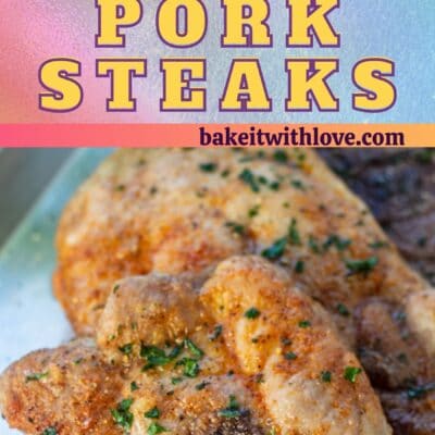 Pin showing two images of baked pork steaks on a baking sheet.