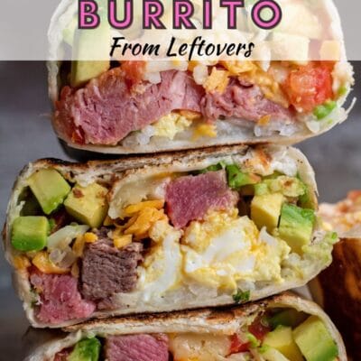 Leftover prime rib breakfast burritos pin with text header.
