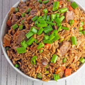 Square image of prime rib fried rice in a white bowl with green onion on top.