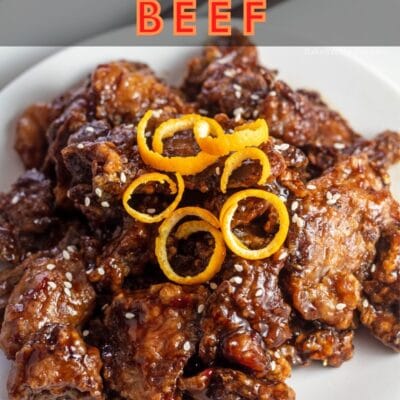 Prime rib orange beef pin with text header.