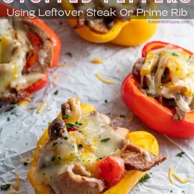 Overhead pin image with text of stuffed peppers on parchment paper.