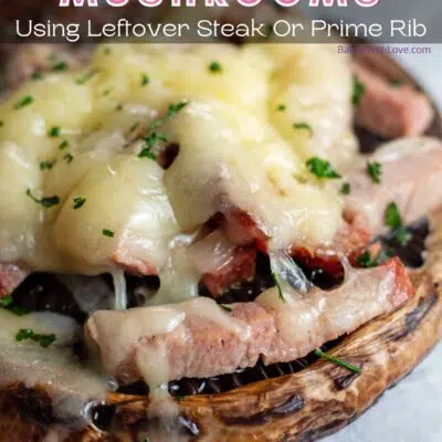 Prime rib philly stuffed mushrooms pin with text header.