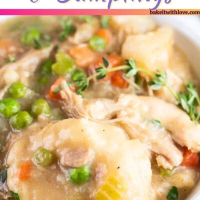 Bisquick chicken and dumplings pin with text header.