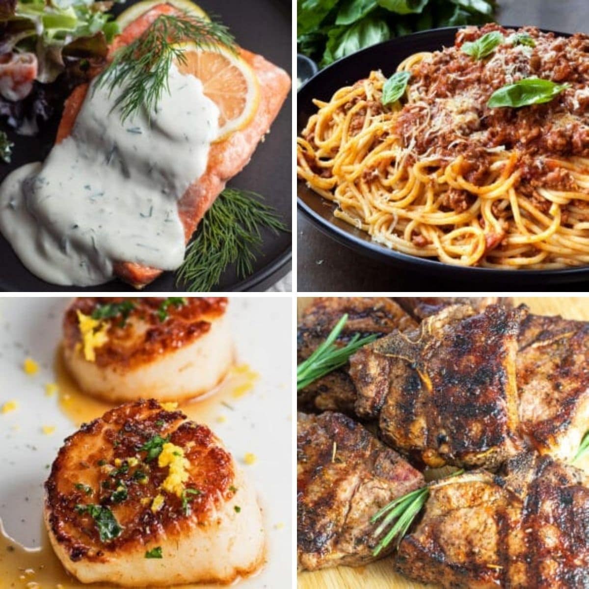 Dinner for two date night meal ideas collage photo of 4 recipes.