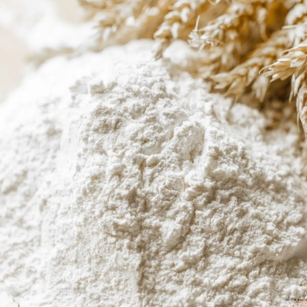 Guide to all-purpose flour closeup square image of flour and wheat on light wooden background.