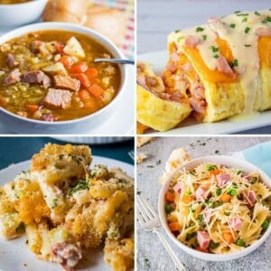 Image de collage de recettes de jambon restant avec 4 images de recette.