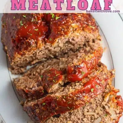 Meatloaf with oatmeal pin with text header overlay.