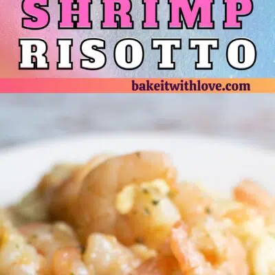 Pin image with text of prawn risotto on a white plate.