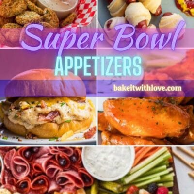 Pin image with text showing appetizers for superbowl.