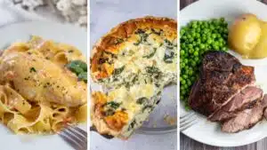 Best dinner ideas for a perfect Valentine's Day dinner with your special someone featuring marry me chicken, quiche florentine, and pan seared lamb.